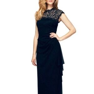 Alex Evenings Navy Blue Metallic Lace Bodice Cocktail Dress Petite Size 8P (F10)